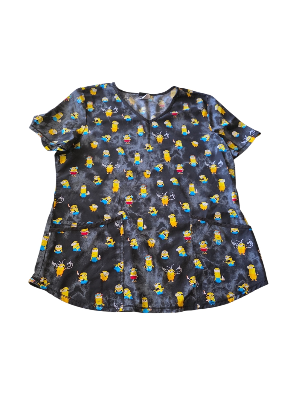 Scrubstar Black V-Neck Short Sleeve Scrub Top with Yellow & Blue Character Print
